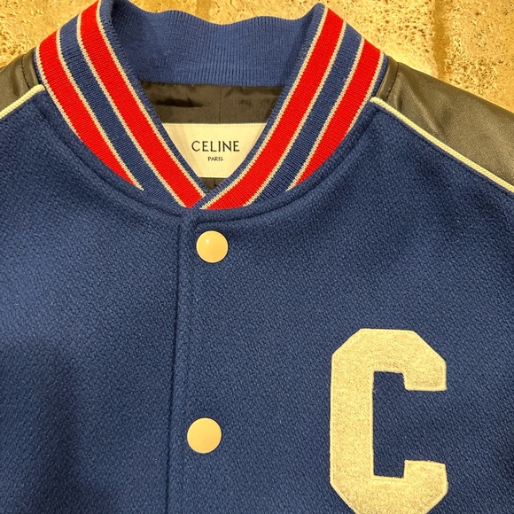 Celine x Hedi C Logo Leather Sleeve Blue Woold Teddy Jacket - Picture 12 of 14